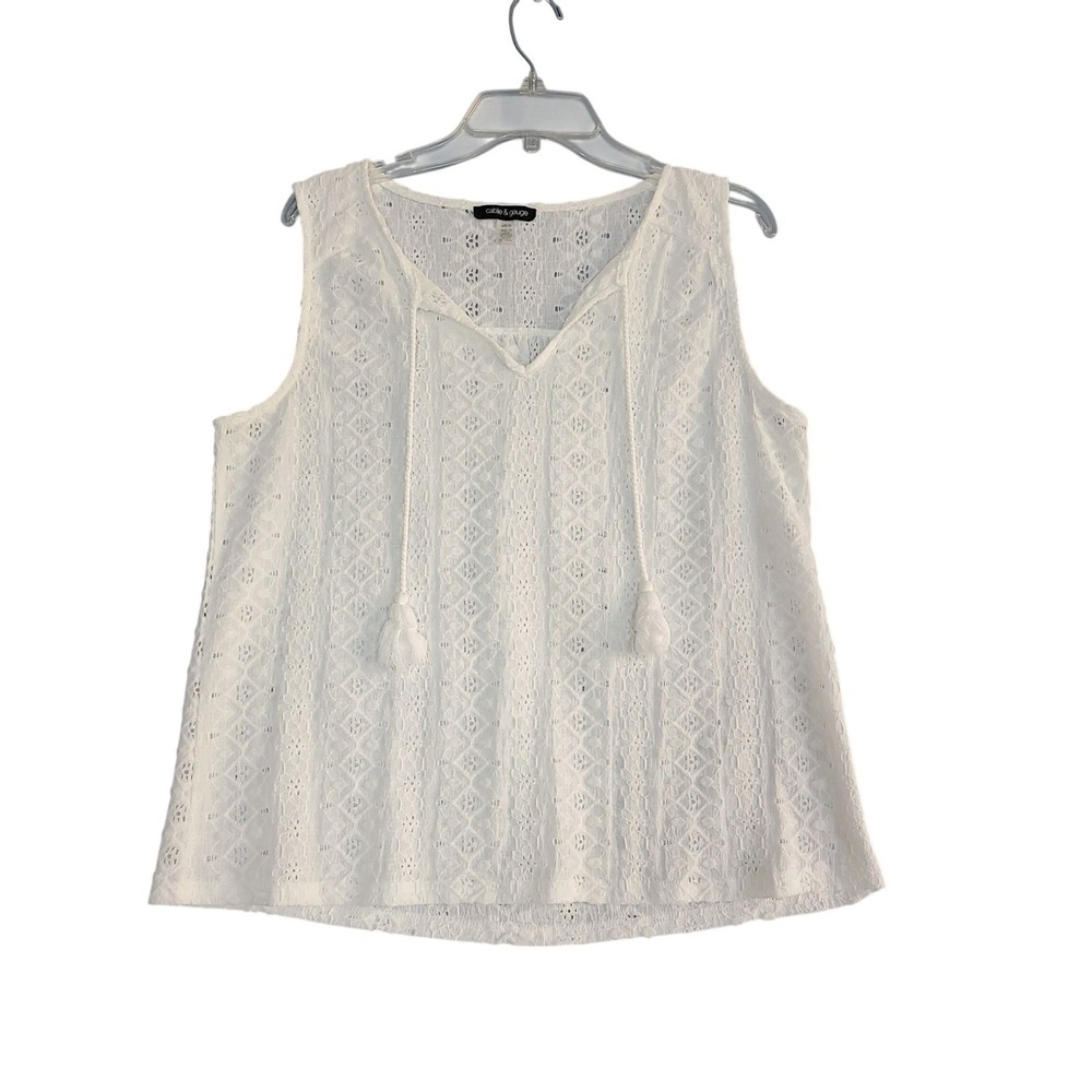 Cable & Gauge Eyelet Lace Tank Top Womens Large White Tassel Tie Split Neck Boho
